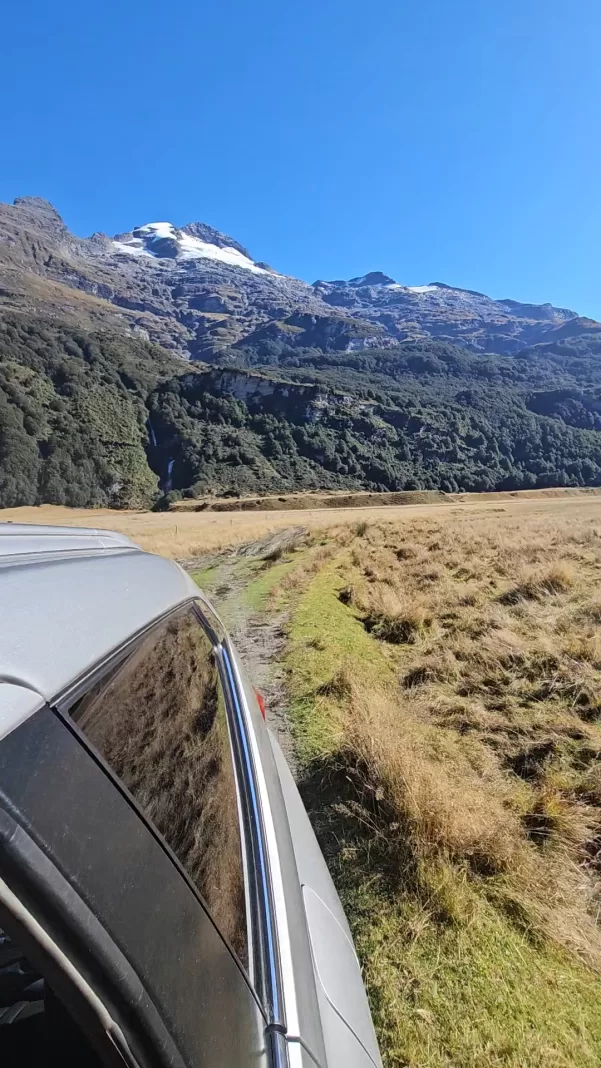 View from a 4WD truck in the Rees Valley looking back at Kea Basin