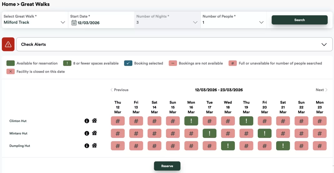 Screenshot of the DOC booking website with openings for the Milford Track