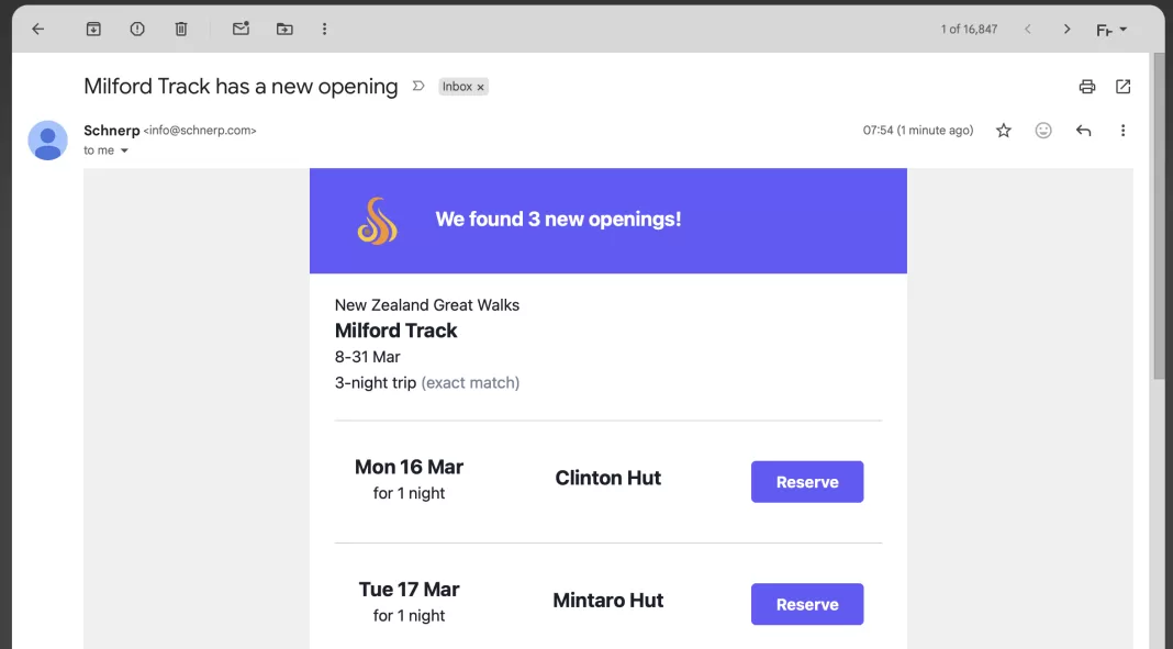 Email from Schnerp showing open bookings for the Milford Track