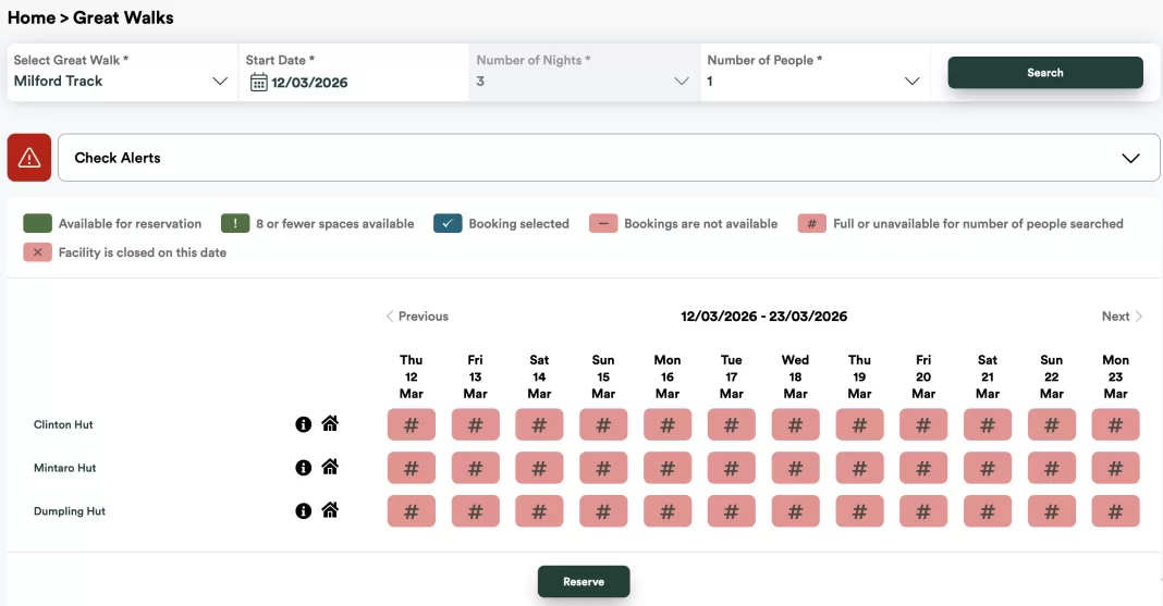 Screenshot of the DOC booking website for the Milford Track