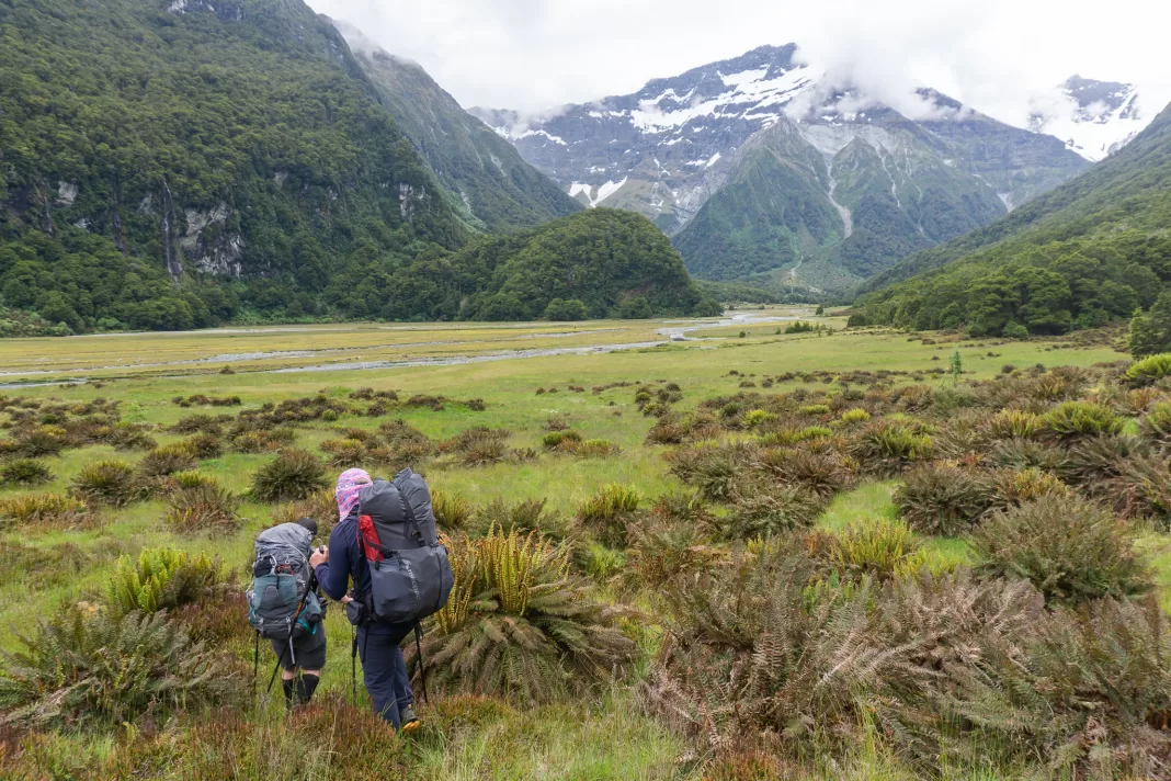 People walking in the Wilkin Valley towards Top Forks Hut