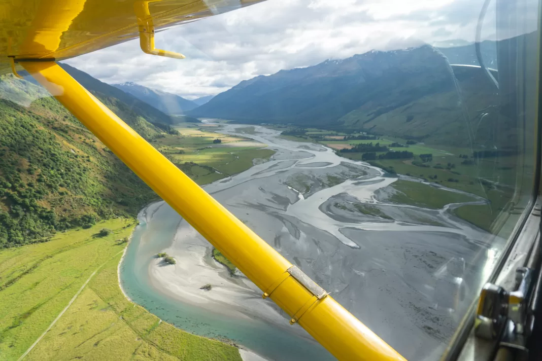 Photo taken from a plane while flying over the Makarora River